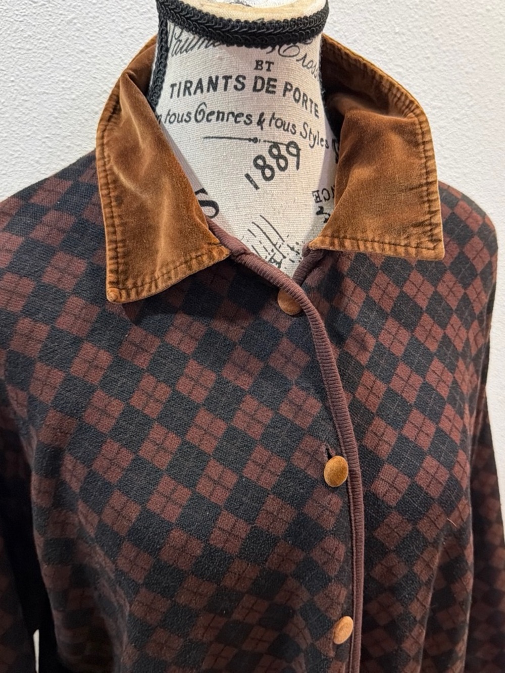 Vintage 90s Moving Bleu Argyle Jacket Black/Brown Velvet Collar Size M